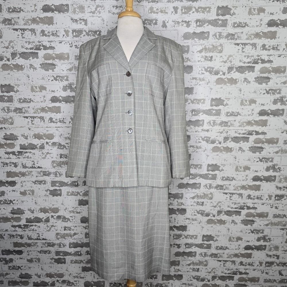 Le Suit 2 Piece Skirt Set Womens 14 Gray Glen Plaid Business Career Work Wear
